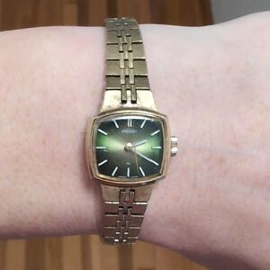 Vintage Seiko manual wind Women's Gold-Tone Watch with Green Dial